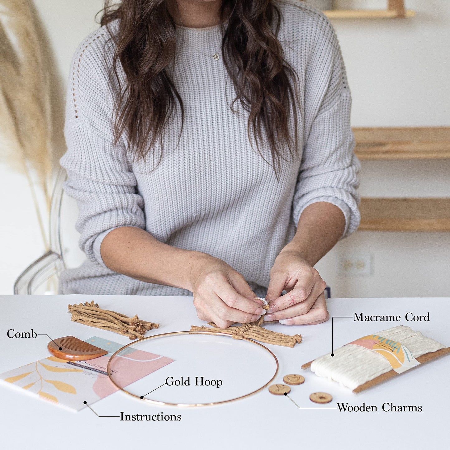 DIY Macrame Kit, Feather Dream Catcher Wall Hanging Kits for Teens & Adult Beginners, Craft Supplies for Boho Art Project-Macrame Cord, Gold Hoop, Accessories & Instructions (Khaki)