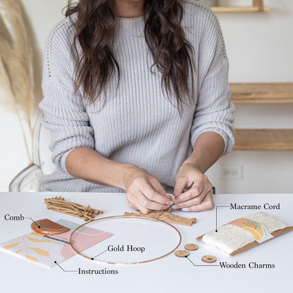 DIY Macrame Kit, Feather Dream Catcher Wall Hanging Kits for Teens & Adult Beginners, Craft Supplies for Boho Art Project-Macrame Cord, Gold Hoop, Accessories & Instructions (Khaki)