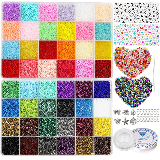 38500pcs 2mm Glass Seed Beads for Jewelry Making Kit, 260pcs Alphabet Letter Beads,Tiny Beads Set for Bracelets Making DIY Art and Craft with Rolls of Elastic String Cord, Charms and Rings(48 Colors)