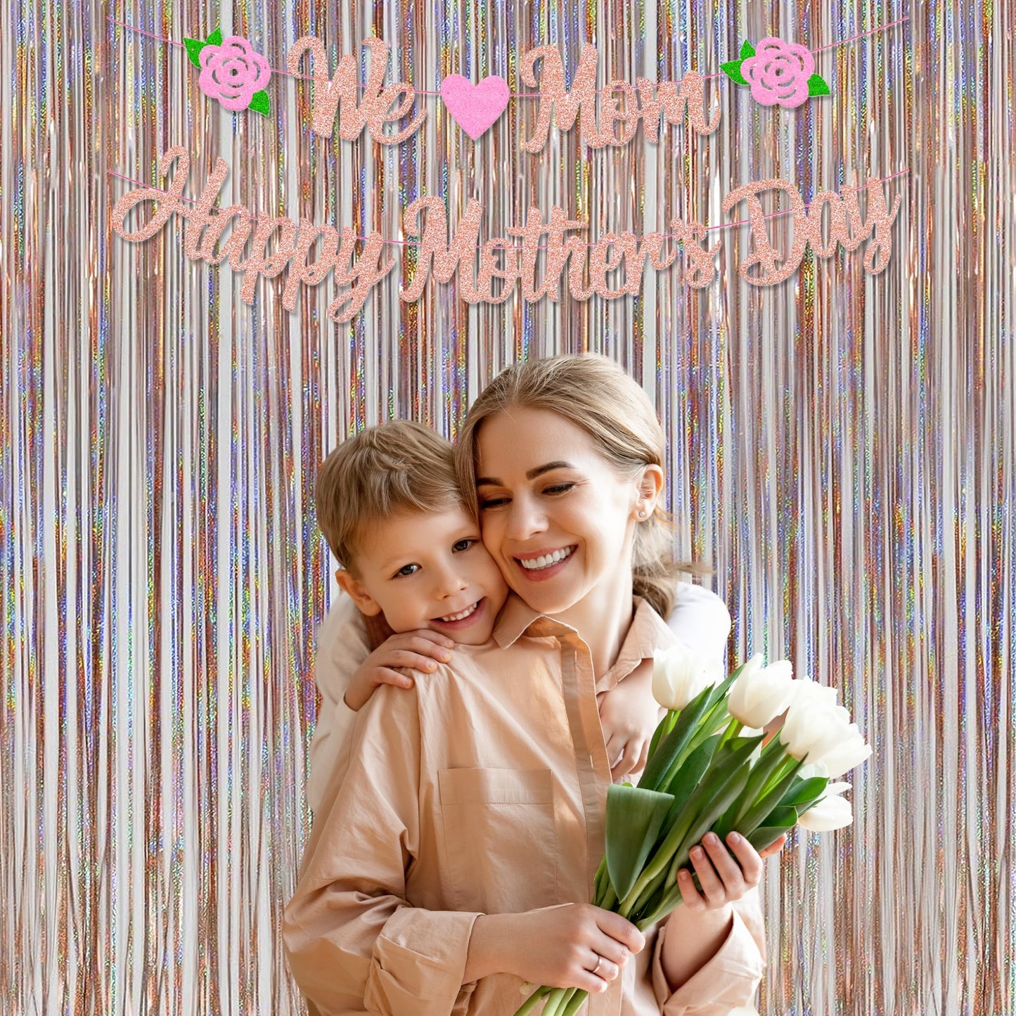 Foil Fringe Curtains Party Decorations - Melsan 3 Pack 3.2 x 8.2 ft Tinsel Curtain Party Photo Backdrop for Birthday Party Baby Shower or Mother's Day Rose Gold