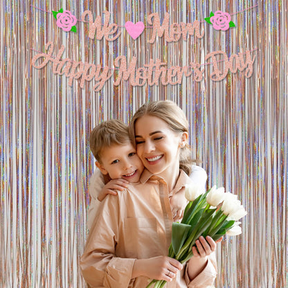 Foil Fringe Curtains Party Decorations - Melsan 3 Pack 3.2 x 8.2 ft Tinsel Curtain Party Photo Backdrop for Birthday Party Baby Shower or Mother's Day Rose Gold