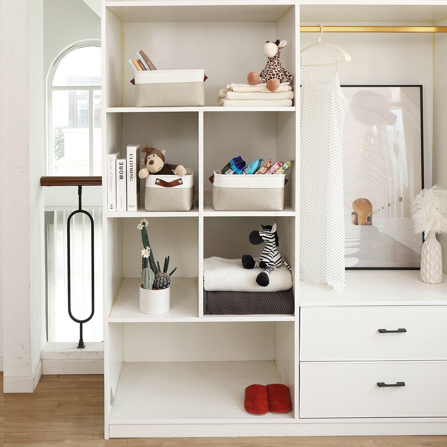 Small Fabric Storage Baskets for Shelves 3 Pack, 12x8in Closet Storage Bins for Shelves, Cloth Baskets for Organizing, Linen Closet Organizers, Fabric Basket, Beige/White