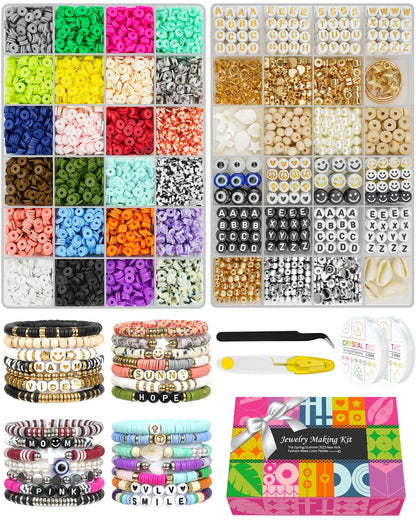 7500 Pcs Clay Beads Bracelet Making Kit, 2 Boxes 24 Colors Polymer Heishi Beads for Jewerly Making, Alphabet Letter Spacer Smile Face Evil Eyes Beads, Craft Gift for Kids Teens Adults