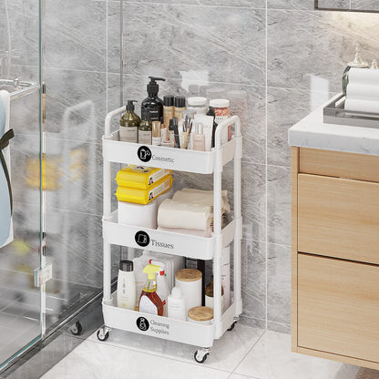3-Tier Rolling Utility Cart with 12 Category Labels,Multifunctional Storage Shelves with Handle and Lockable Wheels for Room,Office,Kitchen,Bathroom,White