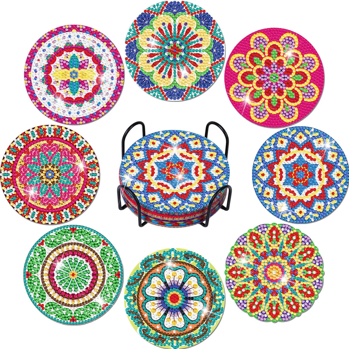 8 Pieces Diamond Art Painting Coasters Kit with Holder, Diamond Art Coasters, Arts and Crafts for Adults, Small Diamond Craft Kits for Beginners