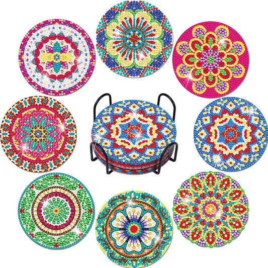 8 Pieces Diamond Art Painting Coasters Kit with Holder, Diamond Art Coasters, Arts and Crafts for Adults, Small Diamond Craft Kits for Beginners