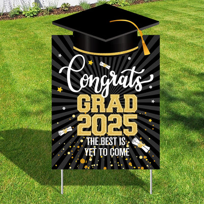 Congrats Grad Yard Sign - 16x10 Inches | Black and Gold Class of 2025 Congrats Yard Sign | Graduation Party Decoration | Congrats Grad Lawn Signs for Graduation Decorations 2025