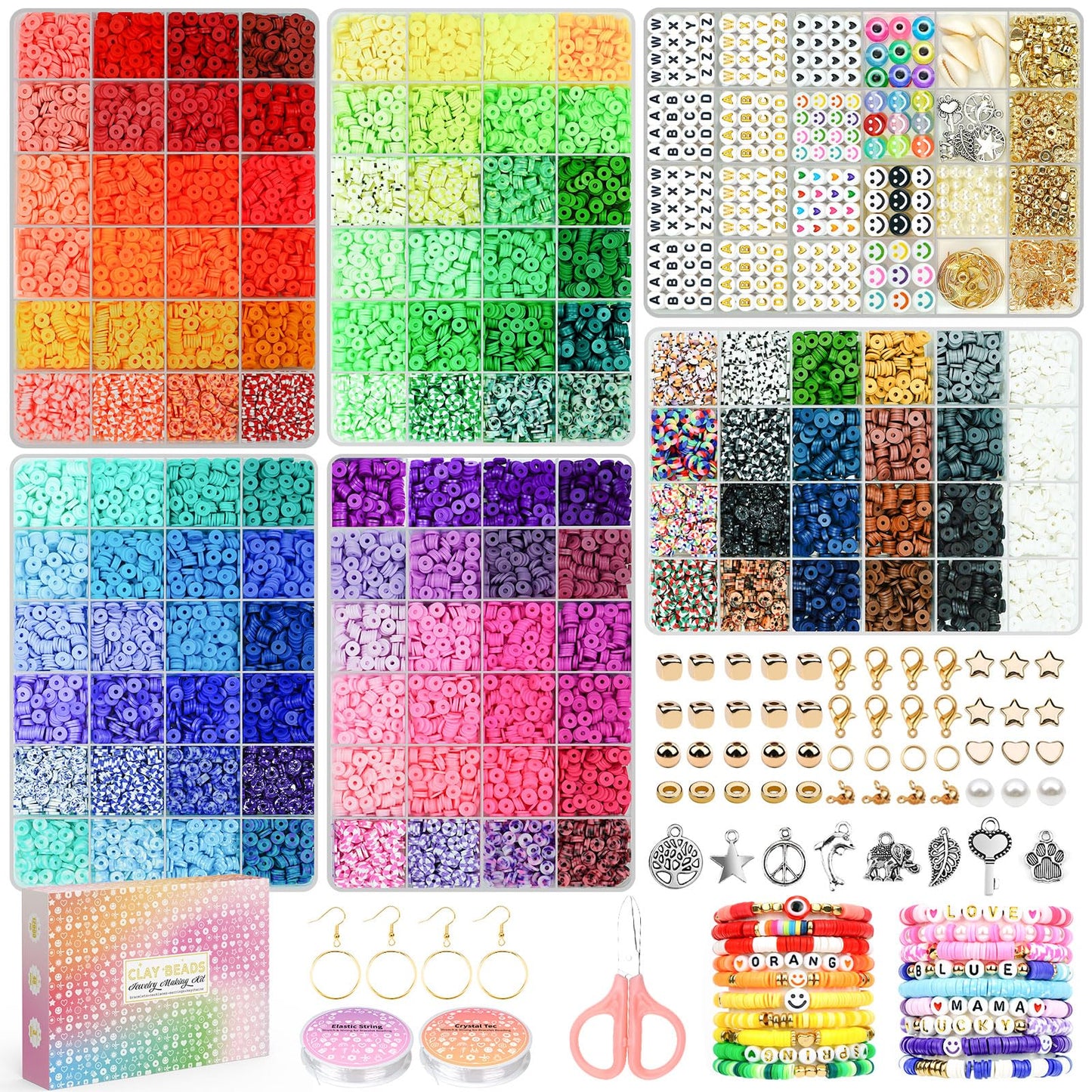 20,000 Pcs Clay Beads Bracelet Making Kit, 120 Colors 6 Boxes Polymer Beads Spacer Heishi Beads & Jewelry Kit with Pendant Charms Elastic Strings, Crafts Gift for Kids Adults1