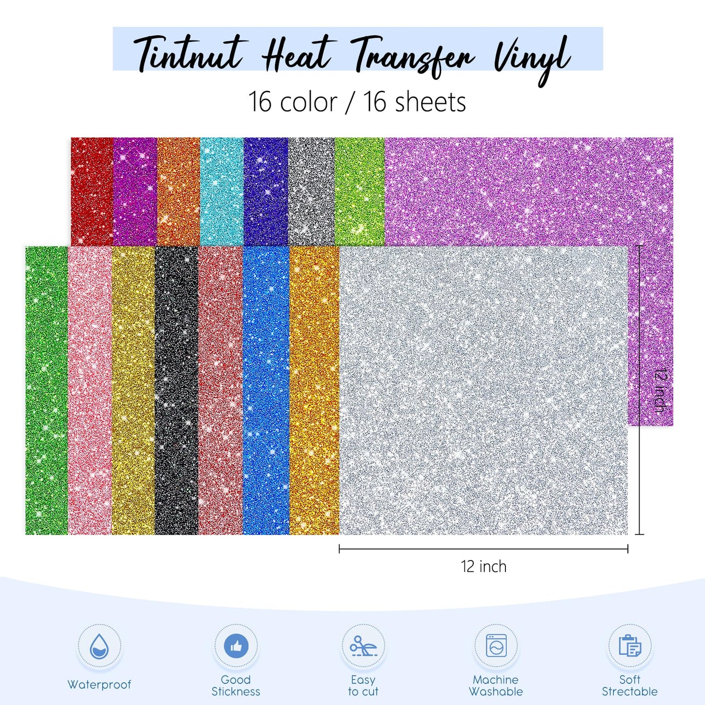 Glitter HTV Heat Transfer Vinyl - 16 Sheets 12"X12" Colorful Glitter Heat Transfer Vinyl Shinny Glitter Iron On Vinyl for T-Shirts Glitter HTV Compatible with Cricut Or Sillhoutte Cameo