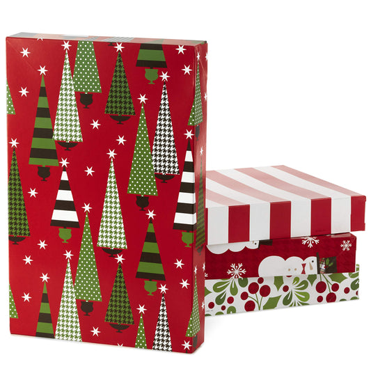Medium Christmas Gift Boxes with Lids (12 Shirt Boxes, 4 Designs: Trees, Stripes, Snowmen, Holly) for Christmas, Holiday Parties, Hostess Gifts