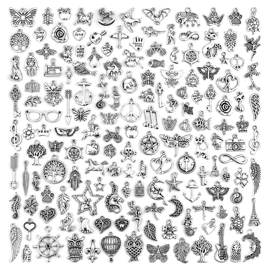 200 PCS Wholesale Bulk Lots Jewelry Making Charms Mixed Smooth Tibetan Silver Metal Charms Pendants DIY for Necklace Bracelet Jewelry Making and Crafting