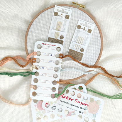 Gold Embroidery Hand Needles (1-3-5-7-8-9 Bundle Pack), Large Eye Sharp End Embroidery and Cross Stitch Needles with Maker Susan Thread Organizer Card (Total 8 Needles, 1 Organizer Card)