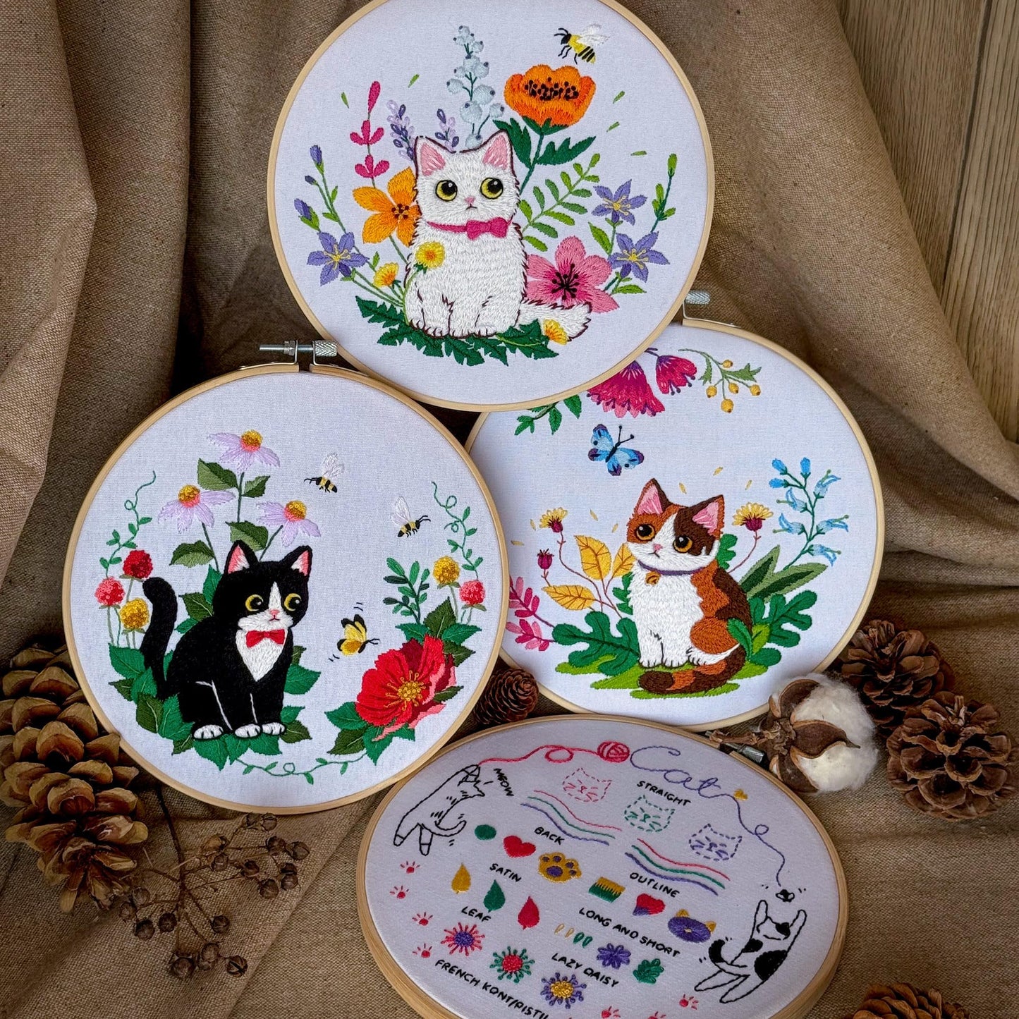 Embroidery Kit for Beginners, 4 Sets Cat Embroidery Kits, Needle Point Kits Adults Beginner, with Original Patterns, Detailed and Easy to Follow Step-by-Step Instructions