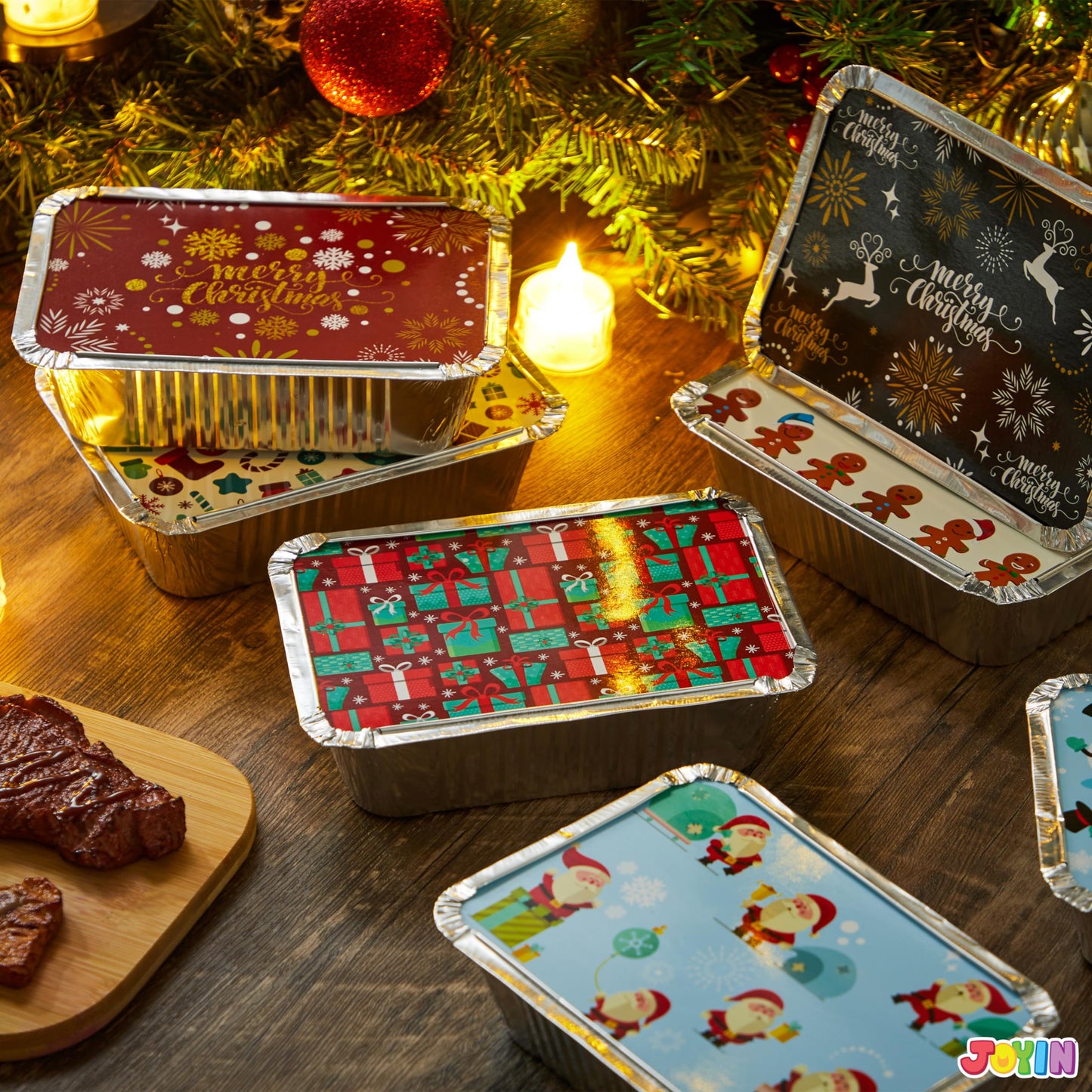 36 Pieces Christmas Foil Containers with Lid, 9 Holiday Designs, 6.5"x5"x2" Christmas Small Gift Bags Santa Sacks, for Holiday Leftovers Goodie Container or Cookie Exchange