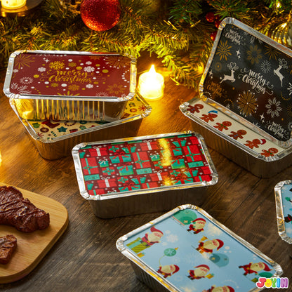 36 Pieces Christmas Foil Containers with Lid, 9 Holiday Designs, 6.5"x5"x2" Christmas Small Gift Bags Santa Sacks, for Holiday Leftovers Goodie Container or Cookie Exchange