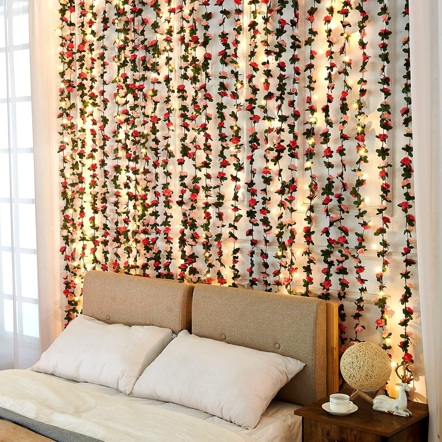 Flower Garland - 5 Strand 41Ft Rose Vines for Bedroom Decor, Pink Rose Floral Garland for Table, Birthday, Wedding, Party, Garden Wall Decor