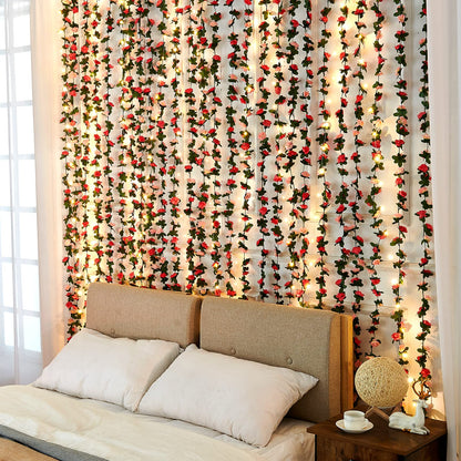 Flower Garland - 5 Strand 41Ft Rose Vines for Bedroom Decor, Pink Rose Floral Garland for Table, Birthday, Wedding, Party, Garden Wall Decor