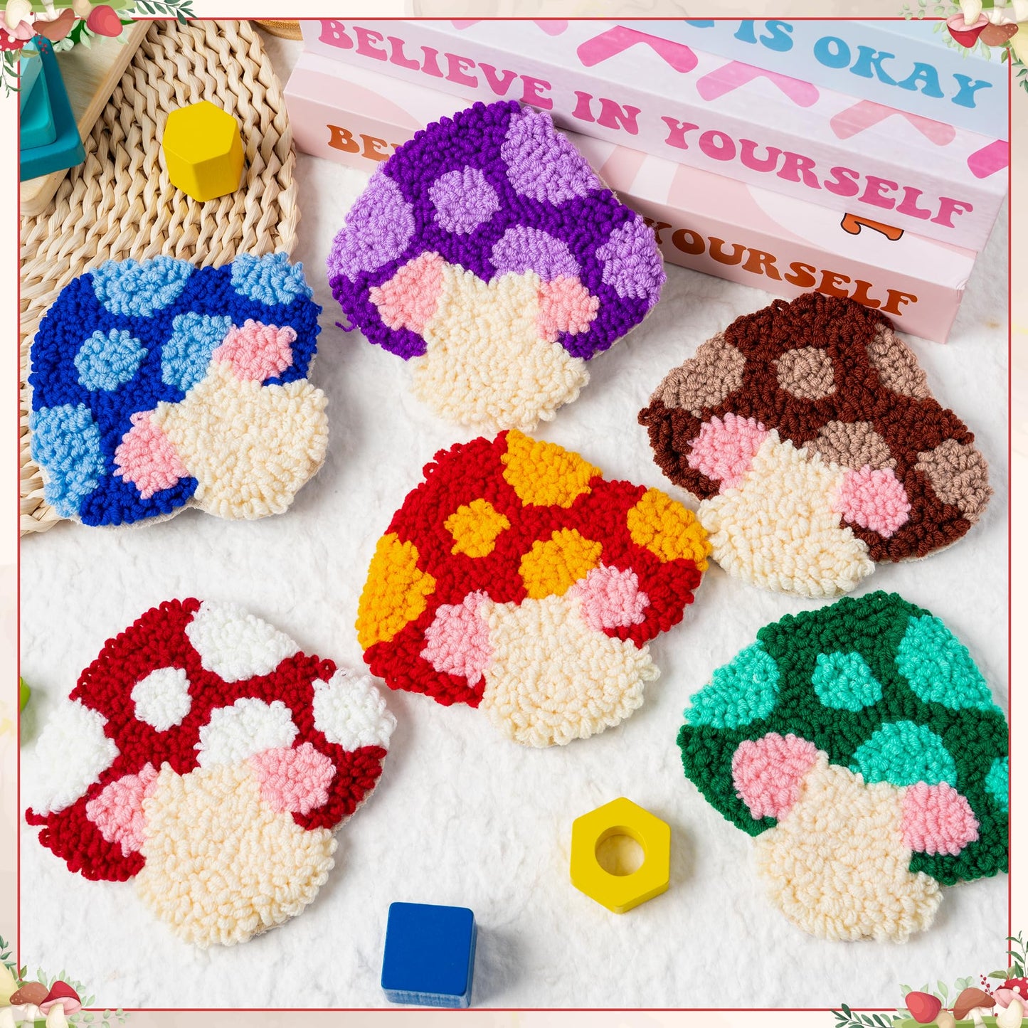 Mushroom Punch Needle Coaster Kit - 22Pcs Easy Art Work Decor Coasters Kits for Beginners, DIY Set of 6 Mushroom Pattern Tufted Rug Pads with Adhesive Felt Yarns Embroidery Hoop Instruction