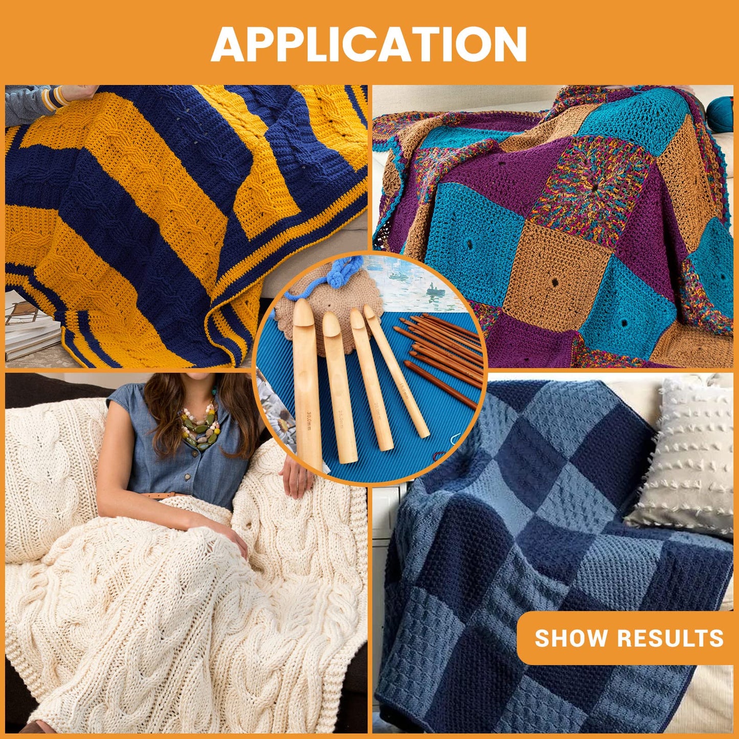 16 Pieces Wooden Crochet Hooks, 3 to 30 mm in Diameters Handle Crochet Hook Knitting Crochet Needles with 10 pcs Knitting Stitch Markers for Handcraft Crocheting