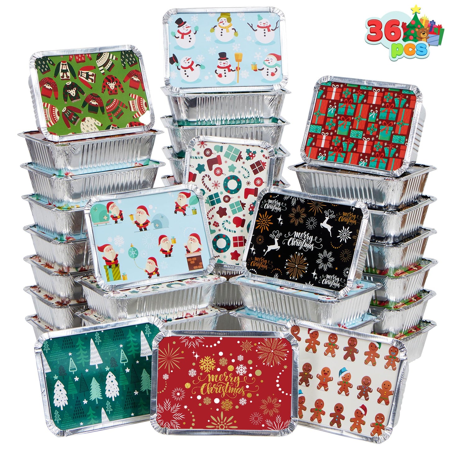 36 Pieces Christmas Foil Containers with Lid, 9 Holiday Designs, 6.5"x5"x2" Christmas Small Gift Bags Santa Sacks, for Holiday Leftovers Goodie Container or Cookie Exchange