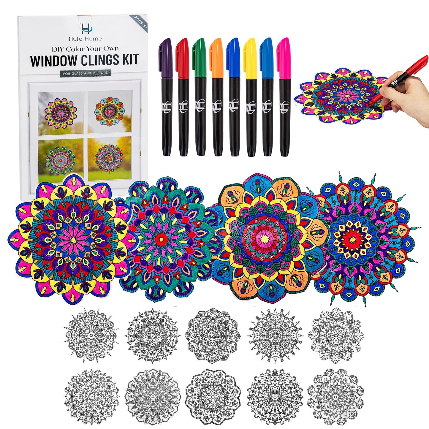 Stained Glass Mandala Art Kit - DIY Window Clings with Markers, 10 Suncatchers - Perfect Hobby for Adults, Kids, Teens & Seniors - Ideal Gift for Beginners, Women & Elderly
