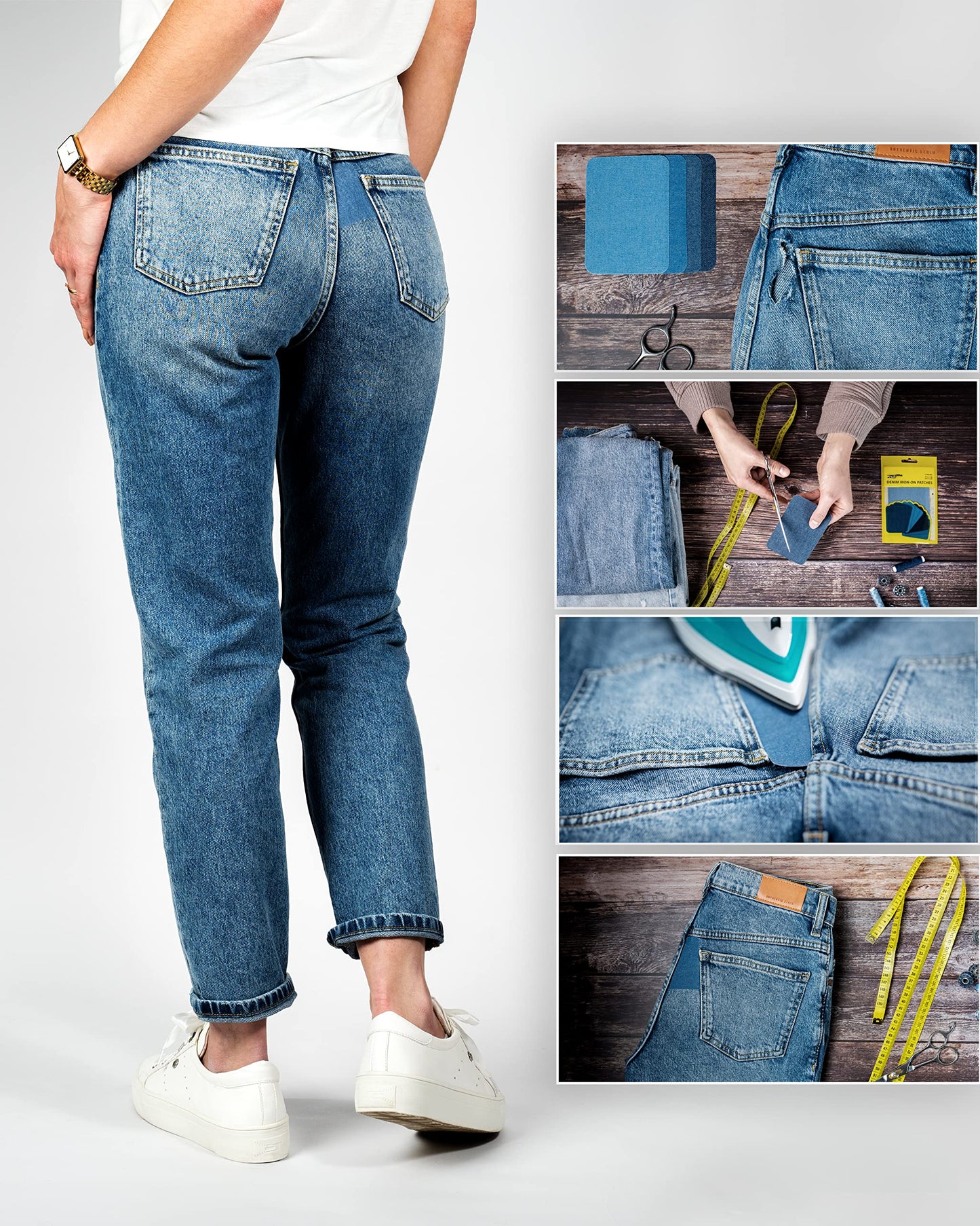 Denim Iron-on Patches Inside & Outside Strongest Glue 100% Cotton Black and White Repair Decorating Kit 12 Pieces Shades of Blue Size 3" by 4-1/4" (7.5 cm x 10.5 cm)