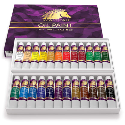 Oil Paint Set - 24 x 21ml Tubes - Artist Quality - Rich Vivid Oil-based Colors - Lightfast - Heavy Body - Great Saturation - Glossy Finish - Professional Painting Supplies