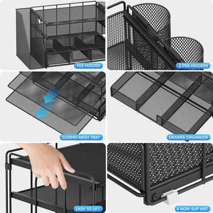 Desk Organizer and Accessories, 4-Tier Desktop File Organizer with Drawer and 2 Pen Holders, Office Desk Accessories for Office Supplies(Black)