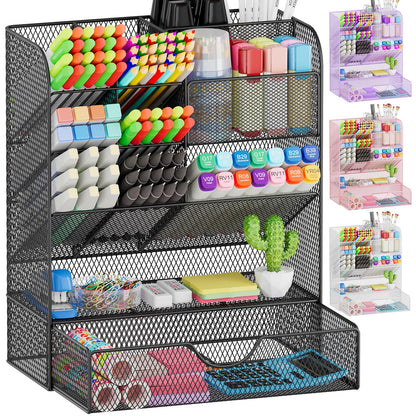 Desk Organizers and Accessories, Pen Holder for Desk Organizer with Drawer, Pencil Holder Office Desk Accessories Workspace Desktop Organizer for School Home Office Art Supplies（Black）