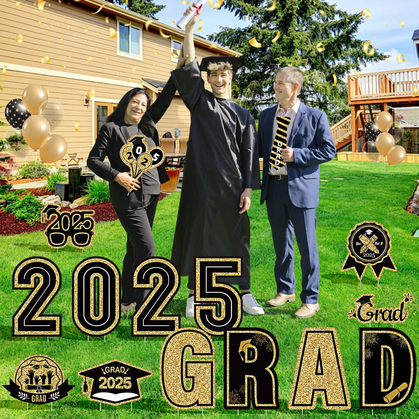 15 Pieces Graduation Decorations 2025 Outdoor Yard Sign, Class of 2025 Congrats Grad Yard Sign with 30 Stakes for Graduation Party Garden Lawn Decoration Supplies(Black Gold)