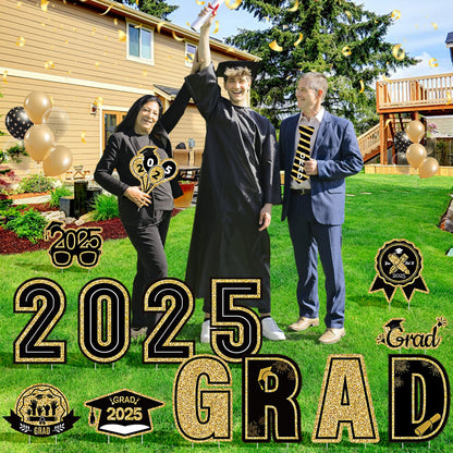 15 Pieces Graduation Decorations 2025 Outdoor Yard Sign, Class of 2025 Congrats Grad Yard Sign with 30 Stakes for Graduation Party Garden Lawn Decoration Supplies(Black Gold)
