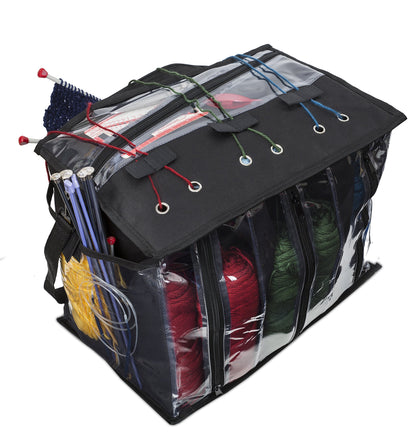 Knitting Organizer By Besti: Portable Knitting Yarn Storage Bag With Multiple Pockets, Individual Compartments, Carrying Shoulder Strap - Clear Plastic Tote Bag For Needles, Crochets & Threads (Black)