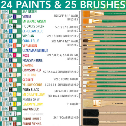 XXL Oil Paint Set - 24 Paints, 25 Brushes, 1 Canvas, and Art Palette - Oil Painting Supplies for Kids and Adults, Paint Supplies