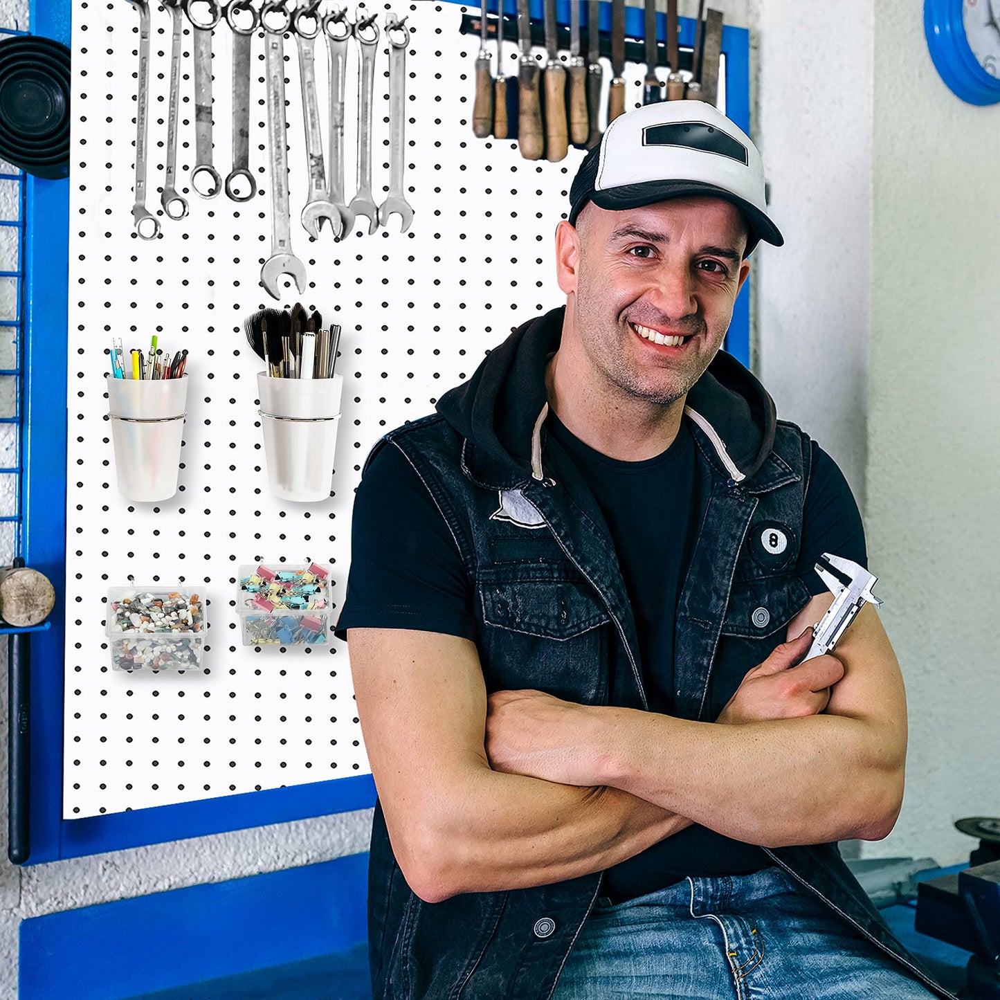 6 Sets Pegboard Bins and Cups with Pegboard Hooks, Pegboard Accessories Baskets, Hooks for Pegboard Cup Holder for Organizing Craft Tools Storage Garage Office Workbench Transparent