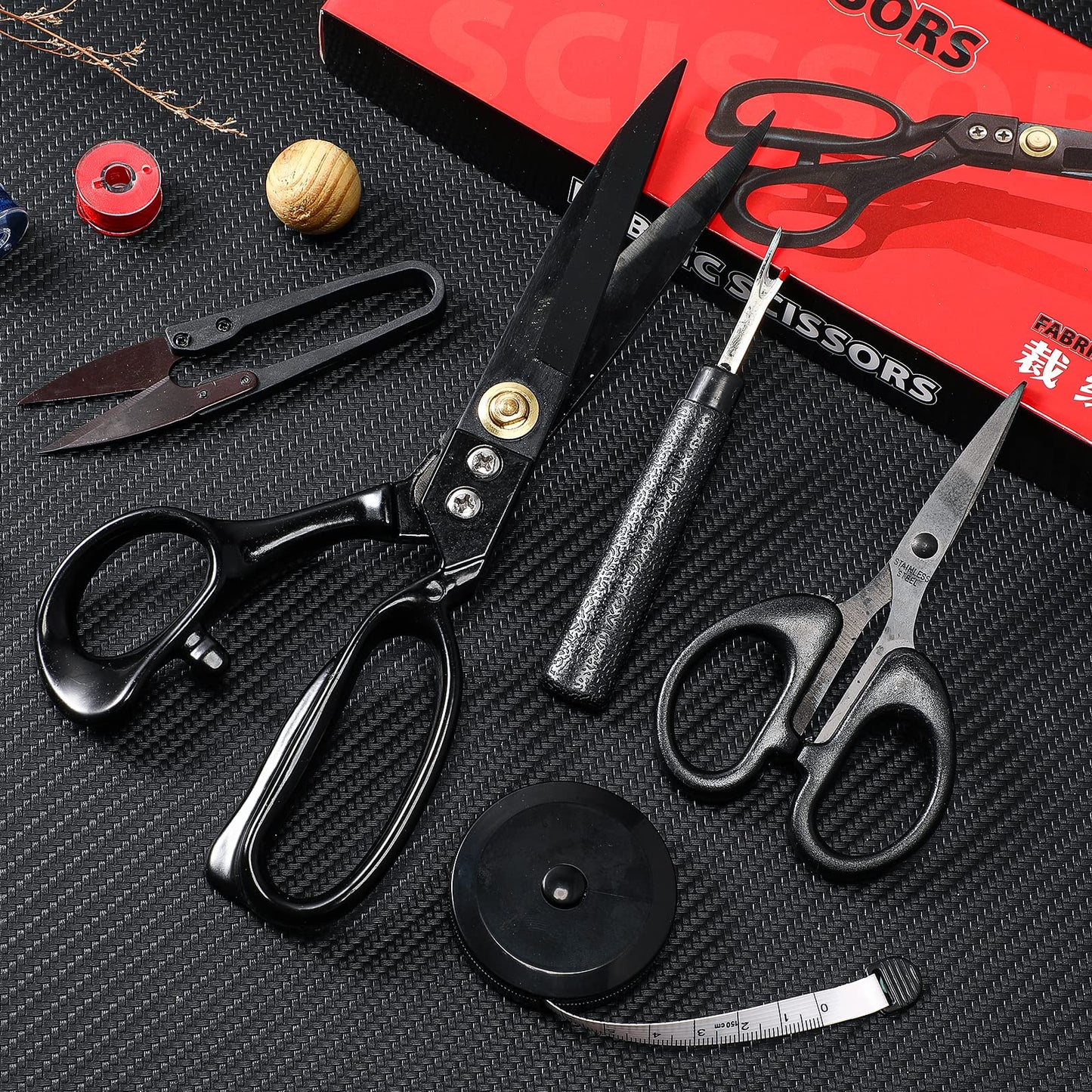9 Inch Fabric Scissors Tailor Sewing Shears for Fabric Cutting Heavy Duty Tailor Scissors for Quilting Sewing and Dressmaking with Tape Measure, Thread Snips, Seam Rippers (Black, Classic Style)