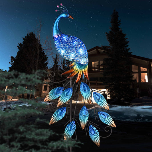 Garden Decor Blue Peacock with Solar Outdoor Lights, 40" Glass Yard Art for Outside, Decorative Metal Stake Outdoor Decor for Lawn Decorations, Patio, Gifts for Mom