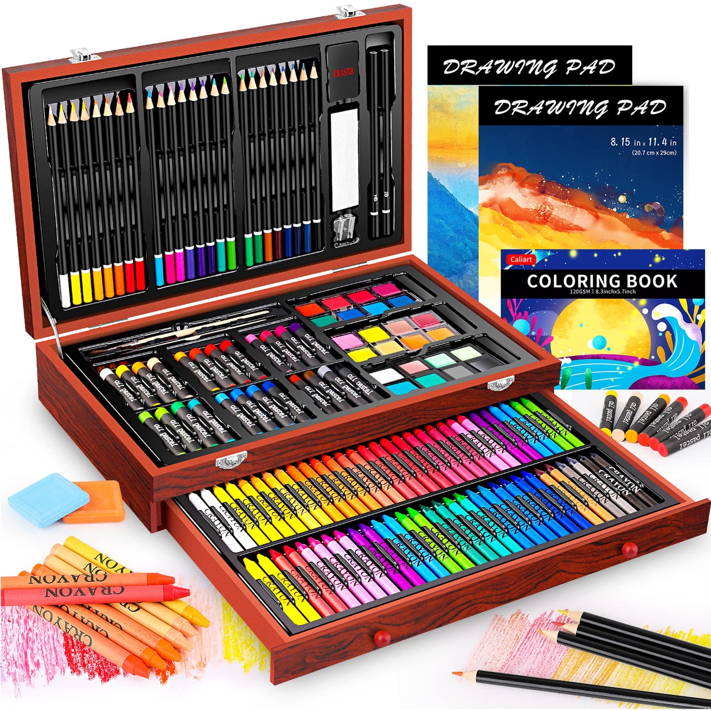 153-Pack Deluxe Wooden Art Set Crafts Drawing Painting Coloring Supplies Kit with 2 A4 Sketch Pads, Halloween Creative Gift Box for Adults Artist Beginners Kids Girls Boys