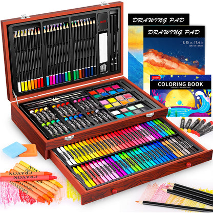 153-Pack Deluxe Wooden Art Set Crafts Drawing Painting Coloring Supplies Kit with 2 A4 Sketch Pads, Halloween Creative Gift Box for Adults Artist Beginners Kids Girls Boys