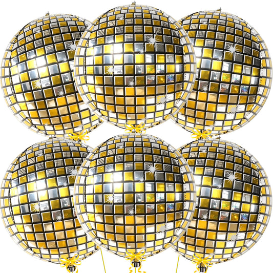 Huge Gold Disco Ball Balloons - 22 Inch, Pack of 6 | 4D Metallic Disco Balloons For Disco Party Decorations | Graduation Balloon, Gold Graduation Decorations 2025 | Birthday Party Decor