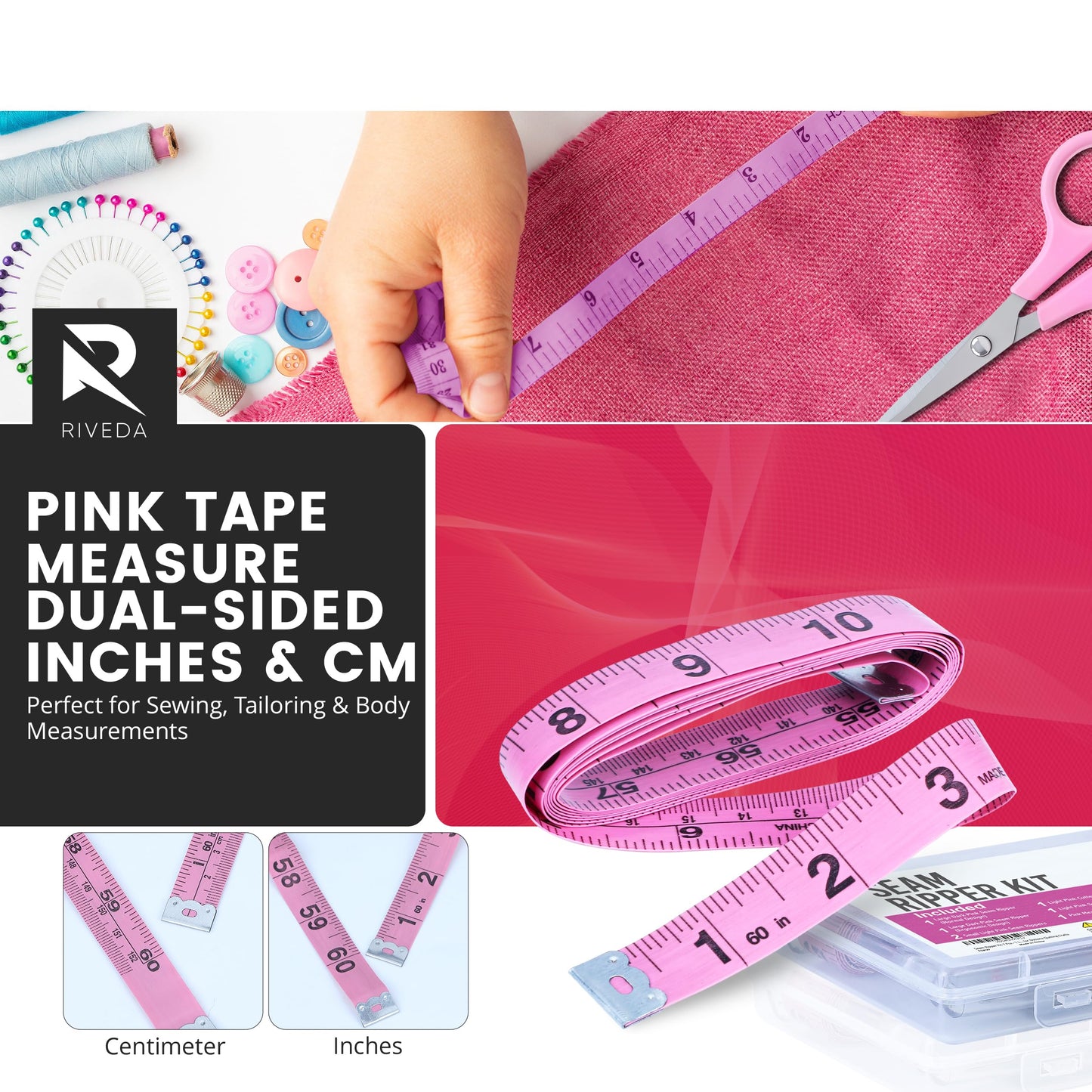 Seam Ripper Kit 7 Pcs - 1 Large, 1 Ergonomic, 2 Small Seam Rippers, Thread Cutter, Scissor, Measuring Tape - Sewing Accessories for Notions Quilting Crafts