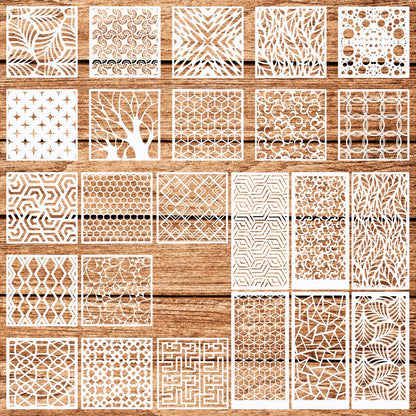 24Pcs Stencils for Painting, Reusable Geometric Painting Stencils Abstract Layering Stencil for Painting on Wood Canvas Furniture Floor Decor DIY Supplies, white