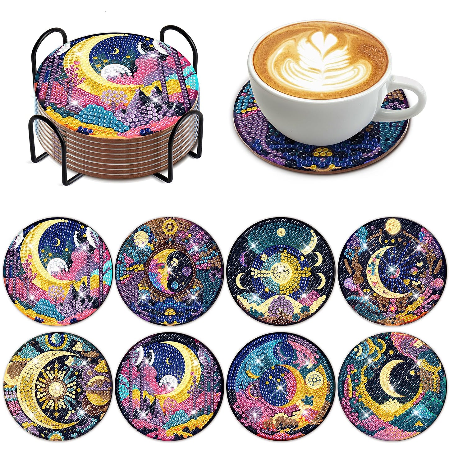 8 PCS Mystical Moon Diamond Art Coasters Diamond Art Coasters Kits with Holder Mystical Moon DIY Coasters for Beginners, Adults, Kids, Diamond Art Crafts Supplies
