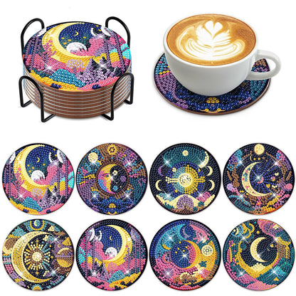 8 PCS Mystical Moon Diamond Art Coasters Diamond Art Coasters Kits with Holder Mystical Moon DIY Coasters for Beginners, Adults, Kids, Diamond Art Crafts Supplies