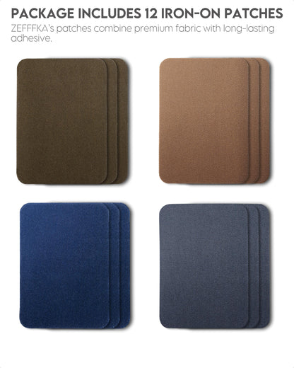 Premium Quality Fabric Iron-on Patches Inside & Outside Strongest Glue 100% Cotton Deep Blue Khaki Gray Brown Repair Decorating Kit 12 Pieces Size 3" by 4-1/4" (7.5 cm x 10.5 cm)