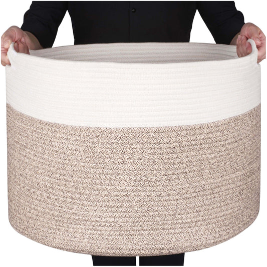 Design Extra Large 22 x 14in Decorative Blanket Basket for Living Room, Laundry Basket, Woven Cotton Rope Basket, Dog Toy Storage Bin Baskets, Round Basket for Pillows Towels, Light Brown