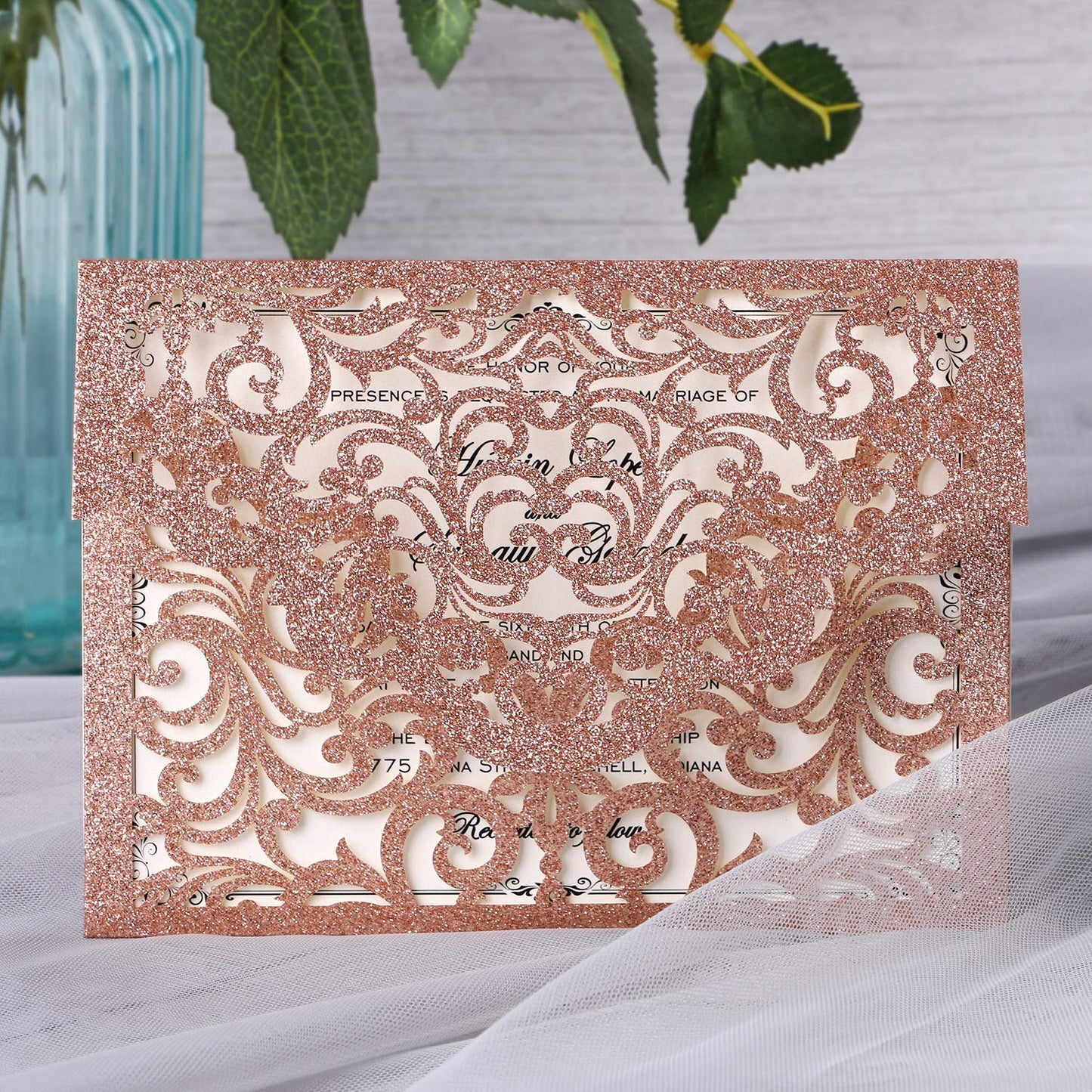 20 Pcs Laser Cut Wedding Invitation Card with Envelope for Wedding Quinceanera Bridal Shower Baby Shower Party Invite (Rose Gold Glitter)