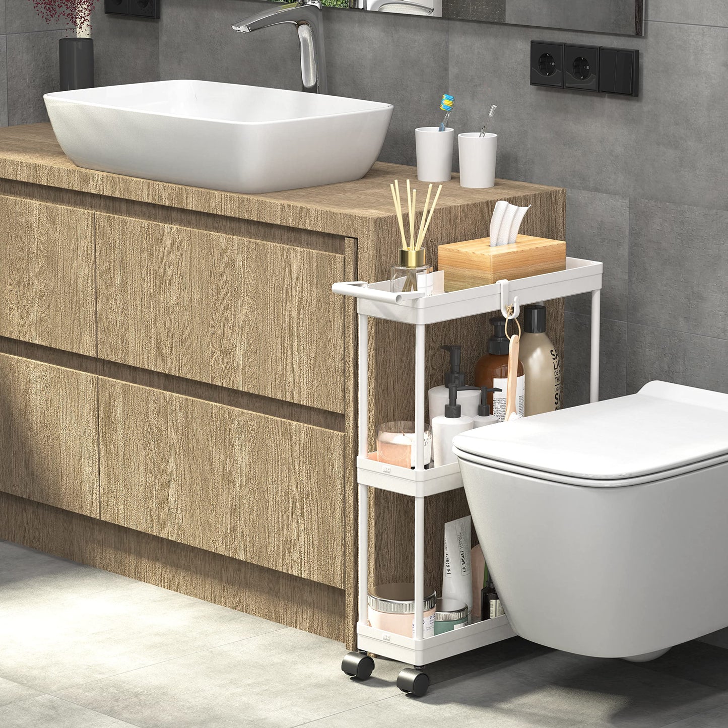 Kitchen Cart Storage 3-Tier Slim/Super Narrow Shelves with Handle, 26.5'' Height/5.5'' Width for Narrow Place, White
