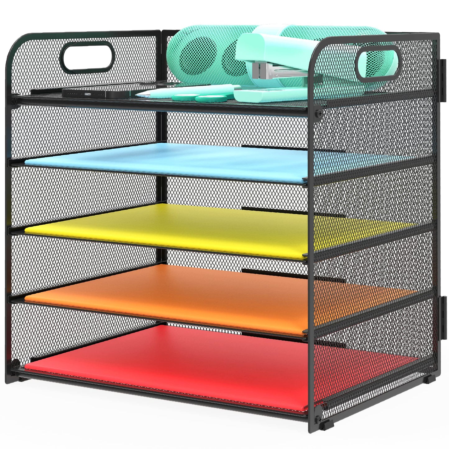 Letter Tray Paper Organizer 5-Tier Desk Organizer File Organizer Paper Holder with Handle, Metal Desktop Document Shelf Tray Office Classroom Organization - Black