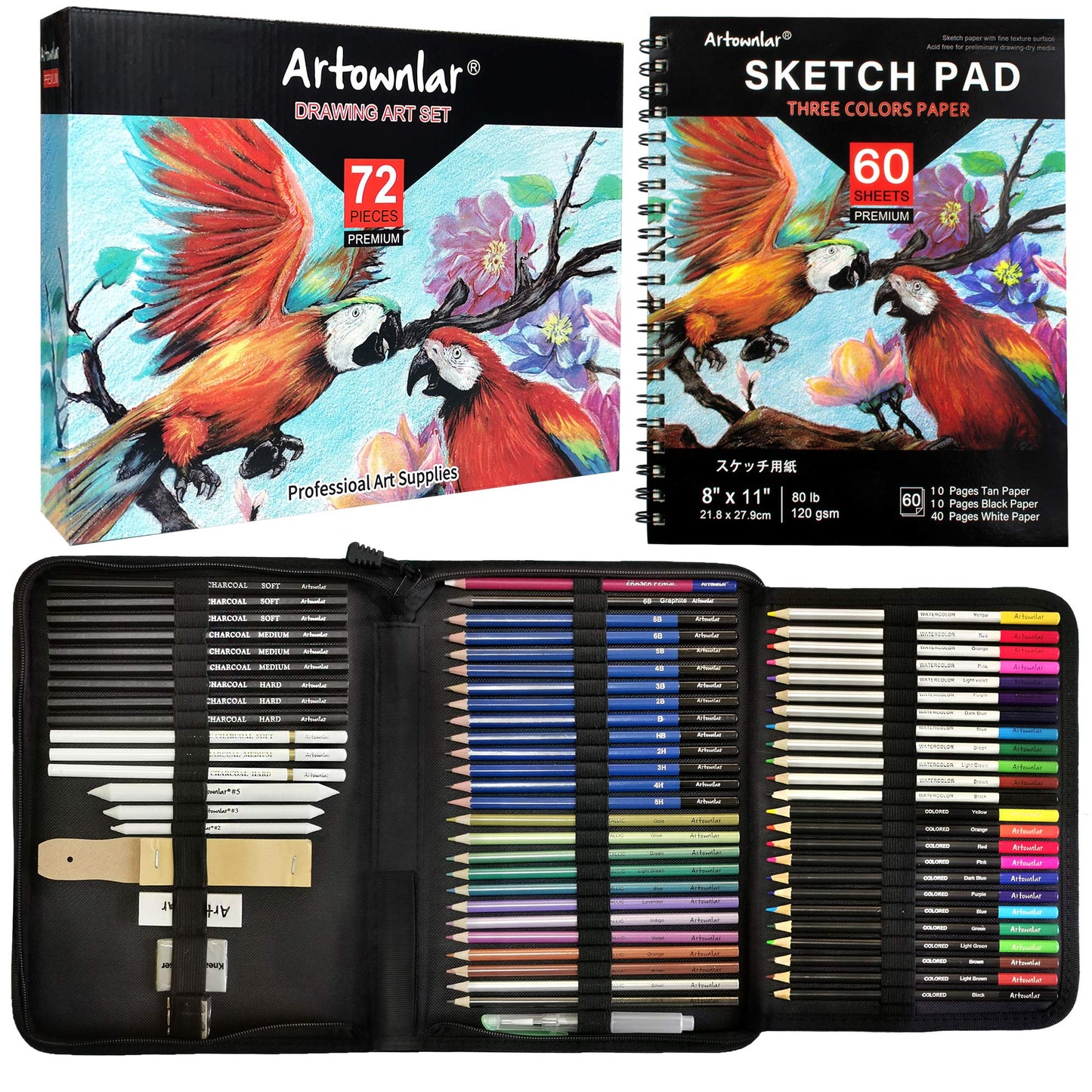 72 Pack Drawing Sketching Set with 8x11 Sketchbook | Pro Art Supplies Kit for Artist Adults Teens Beginner | Graphite Charcoal, Watercolor & Metallic Colored Pencils in Gift Case.