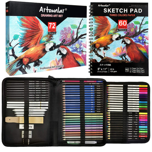 72 Pack Drawing Sketching Set with 8x11 Sketchbook | Pro Art Supplies Kit for Artist Adults Teens Beginner | Graphite Charcoal, Watercolor & Metallic Colored Pencils in Gift Case.